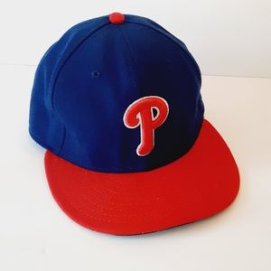 NEW ERA 59FIFTY  PHILLIES BLUE/RED FLAT BRIM FITTED CAP MENS SIZE  7 5/8  60.6CM